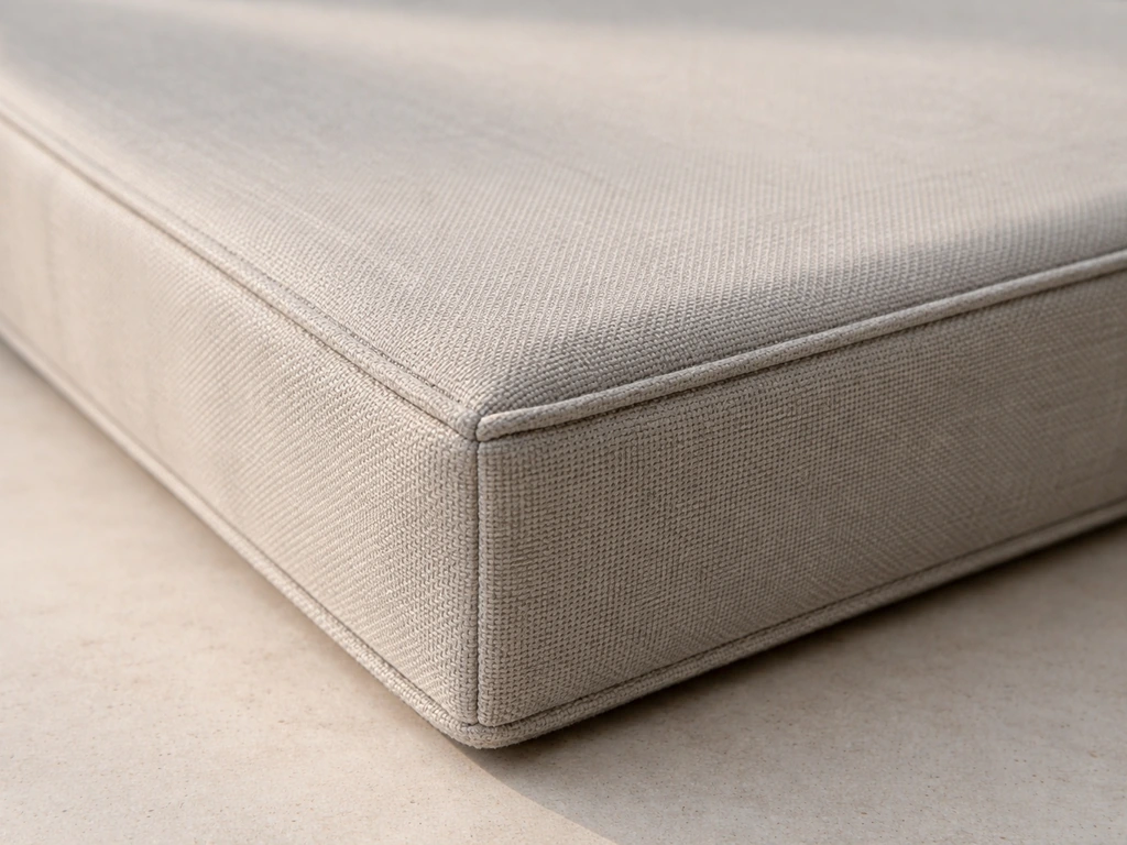 Closeup of a seat cushion showing solution-dyed acrylic fabric texture, dense foam edge, and clean stitching