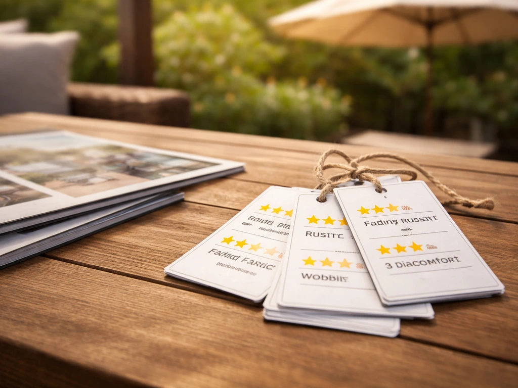 Close-up of patio furniture review tags and star ratings on a patio table beside outdoor furniture.