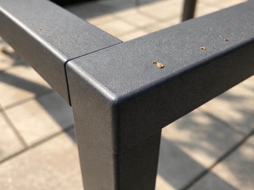 Close-up of a sunlit powder-coated aluminum furniture frame with light outdoor dirt and no rust.
