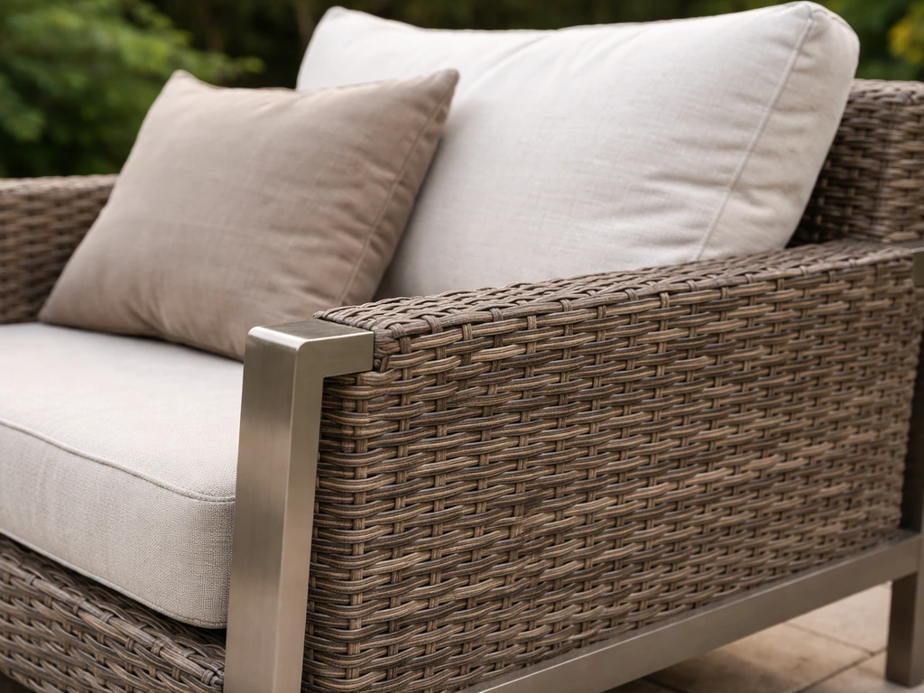 Close-up of outdoor PE resin wicker weave on a metal frame with cushions, showing tight, durable texture.