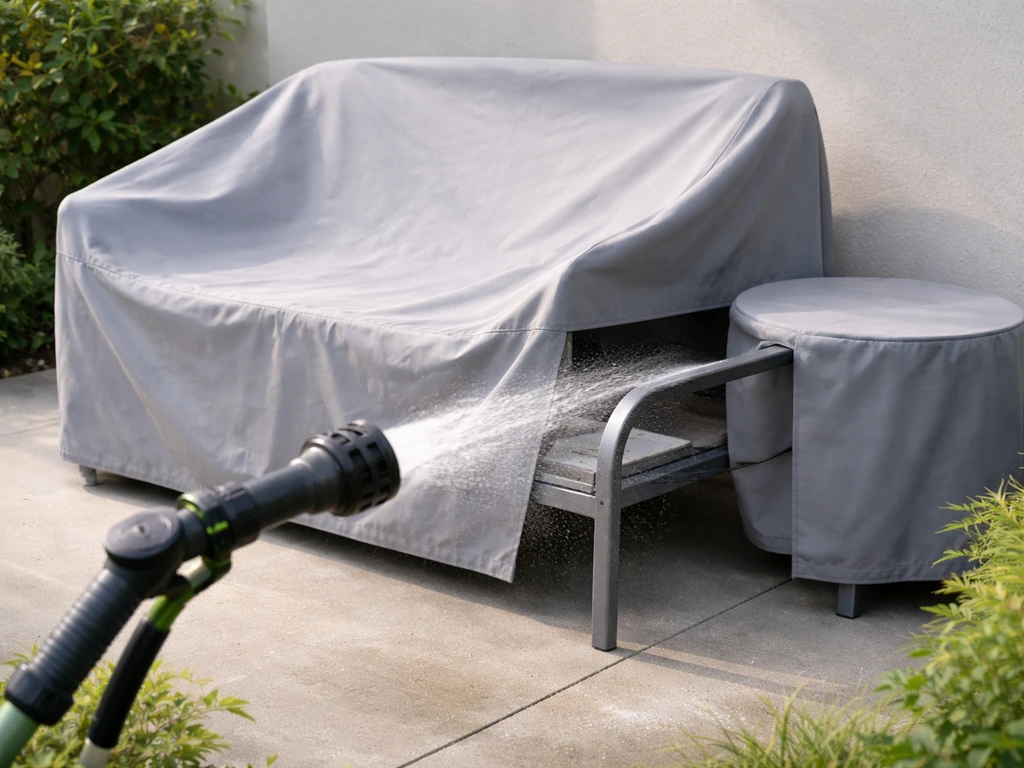 Patio aluminum furniture under a fitted cover with a garden-hose rinse setup for long-term care.