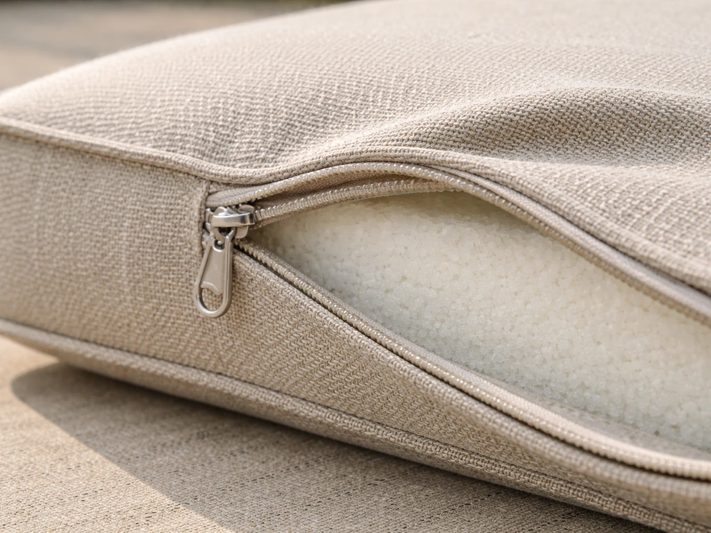 Close-up of an outdoor cushion with a zipper seam open, showing the removable cover and foam fill edge.