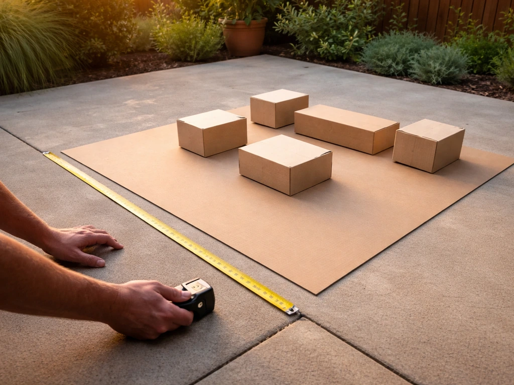 Measuring tape on a patio floor beside a furniture footprint reference to check sizing.