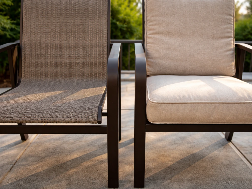 Close-up side-by-side sling and cushion patio chair seats in warm sunlight.