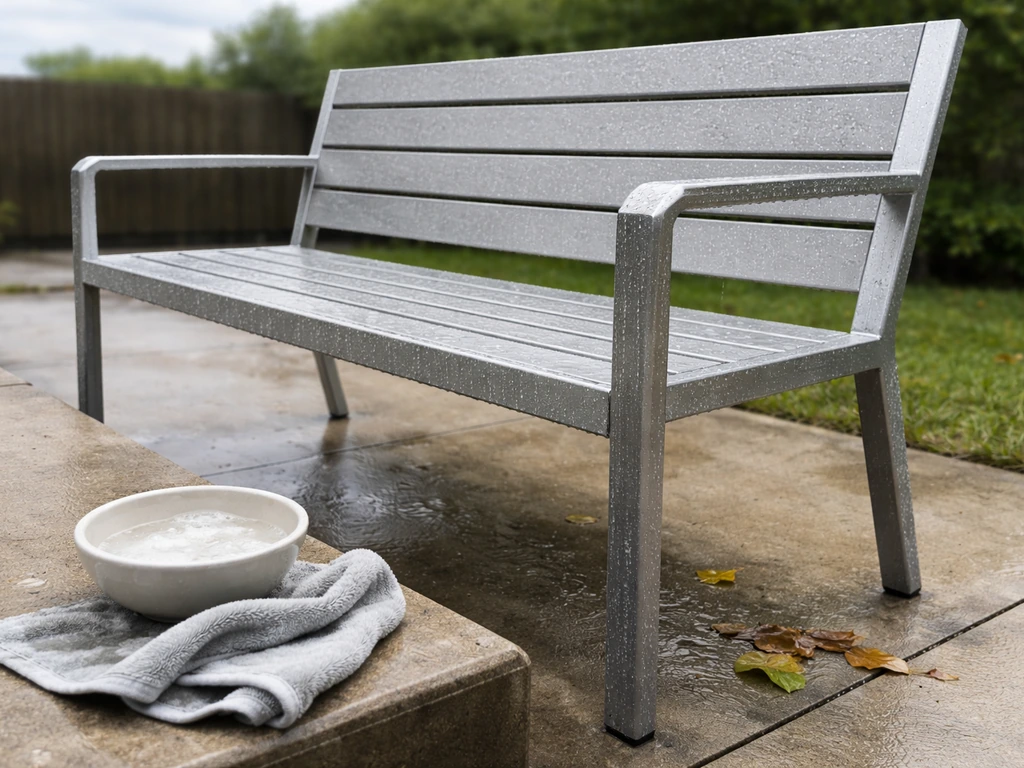 Wet aluminum patio furniture with water droplets and a cloth with soapy water for easy cleaning.