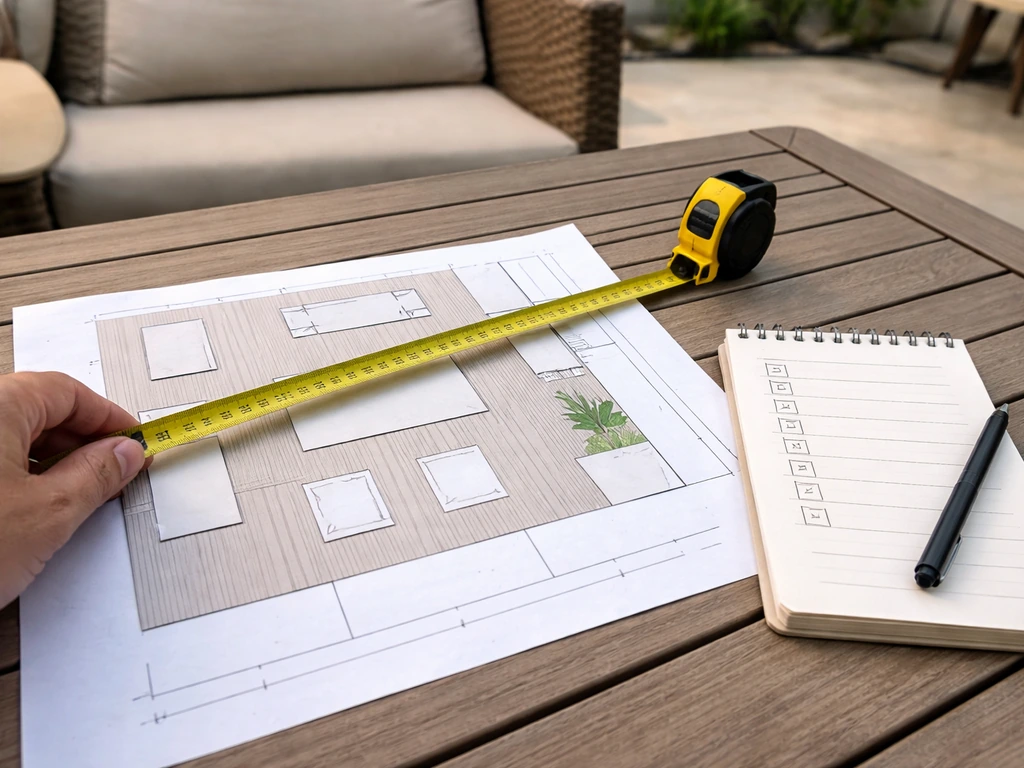 Tape measure laid over a patio/deck plan with notepad and spacing markers for buying next steps checklist.