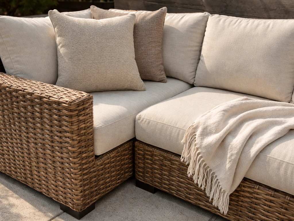 Close-up of an attractive outdoor wicker patio set with woven texture and neatly arranged cushions