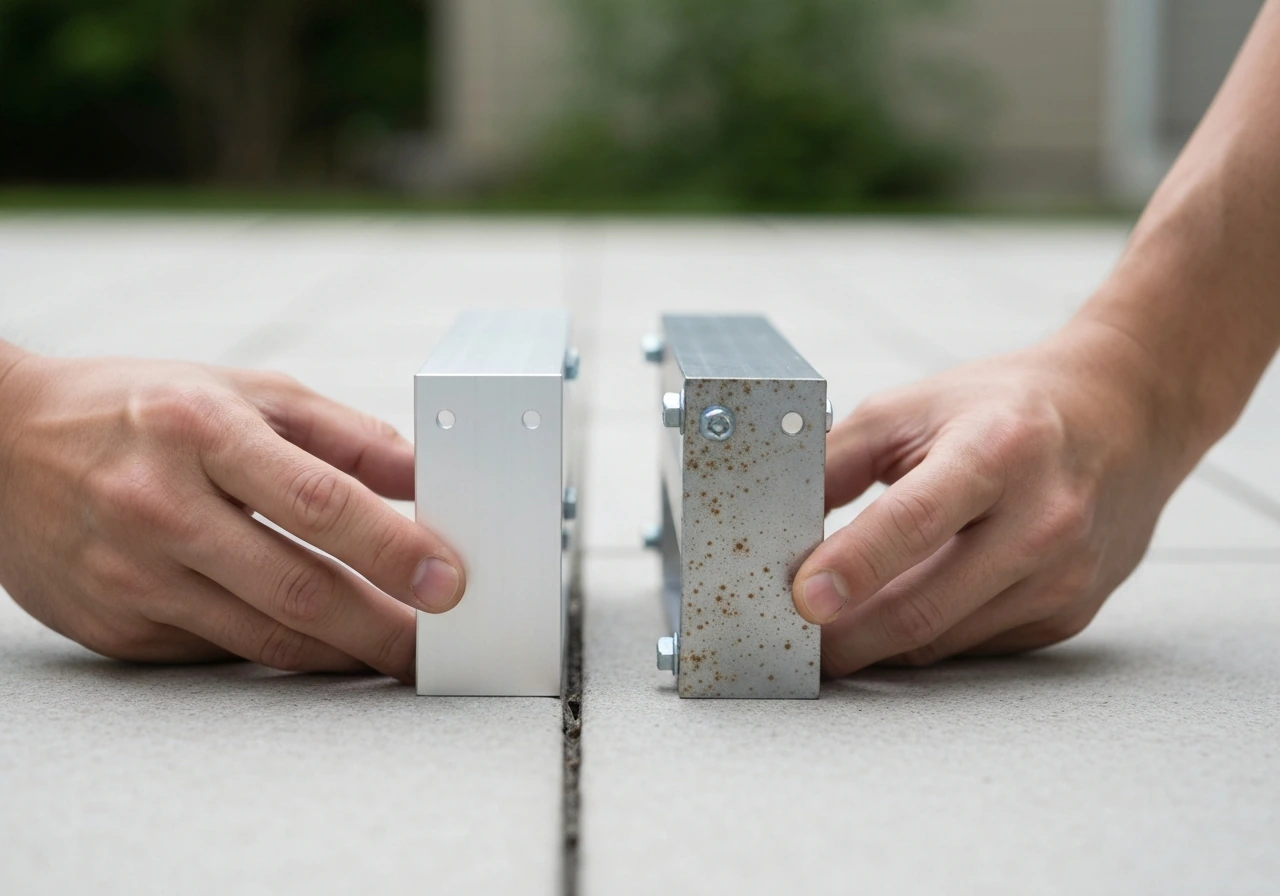 Close-up of hands inspecting patio furniture frame sections for coating and fasteners on a patio table