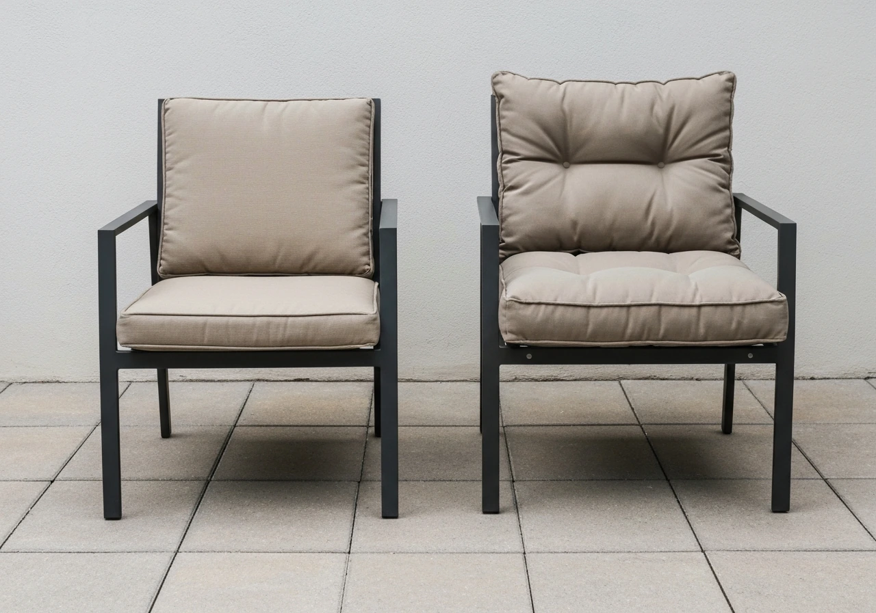 Minimal photo showing two patio chair sets side by side with clear frame and cushion differences.