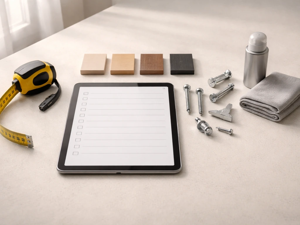 Minimal checklist scene with a tablet, tape measure, frame material swatches, and hardware laid out for ordering furnitu