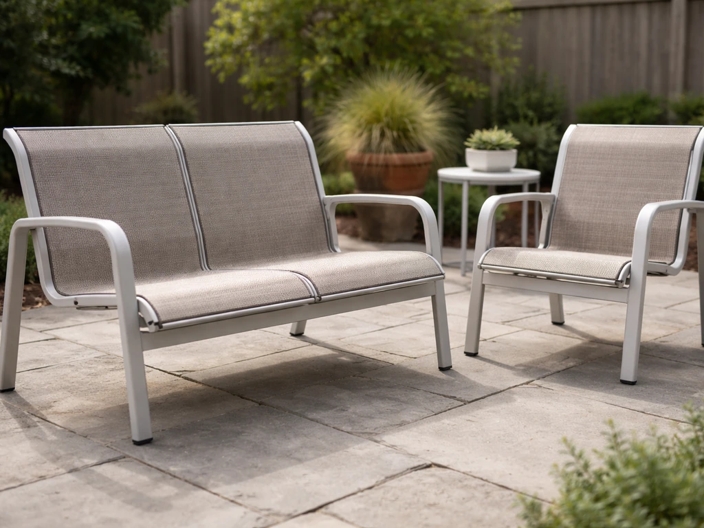 Minimal patio with aluminum sling seating and a Telescope Casual–style frame and mesh sling vibe