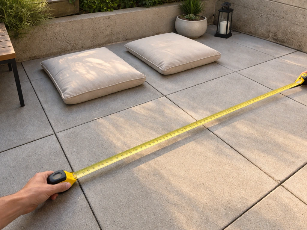 Person measuring a patio space with tape to plan clearance for outdoor seating