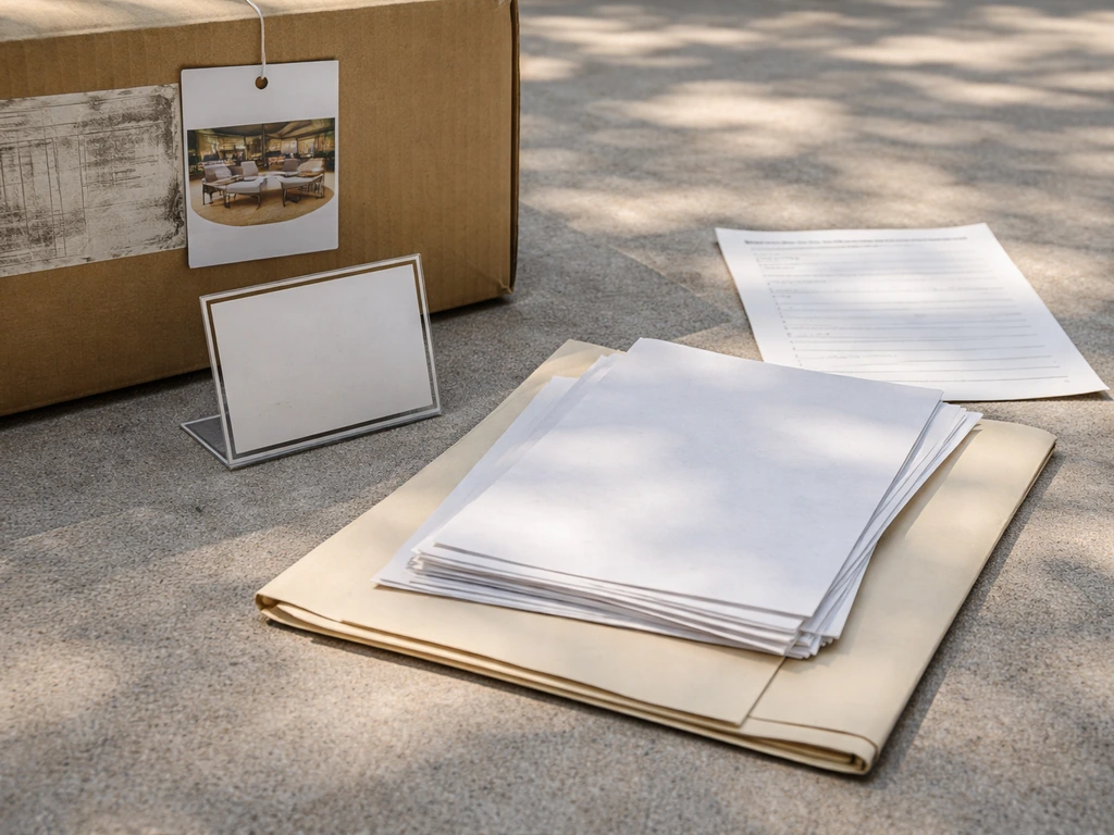 Warranty documents next to an outdoor furniture purchase box/tag and blank price placard.
