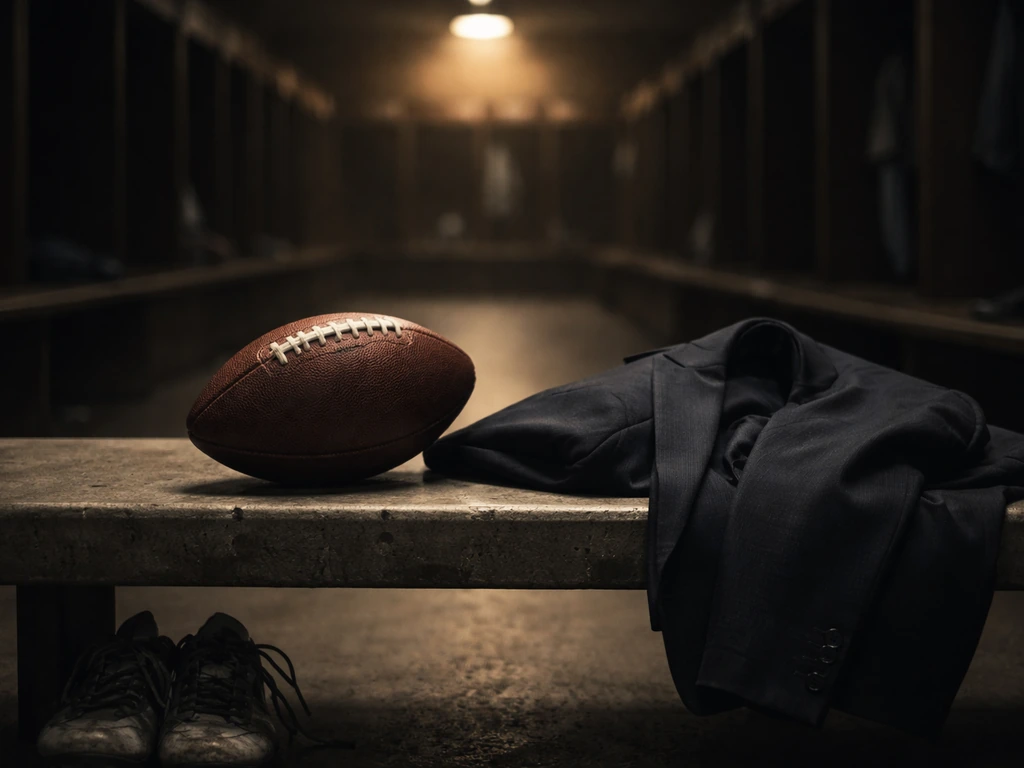 NFL locker room scene with a football and dark suit jacket on a bench, evoking sports wealth and media analysis.