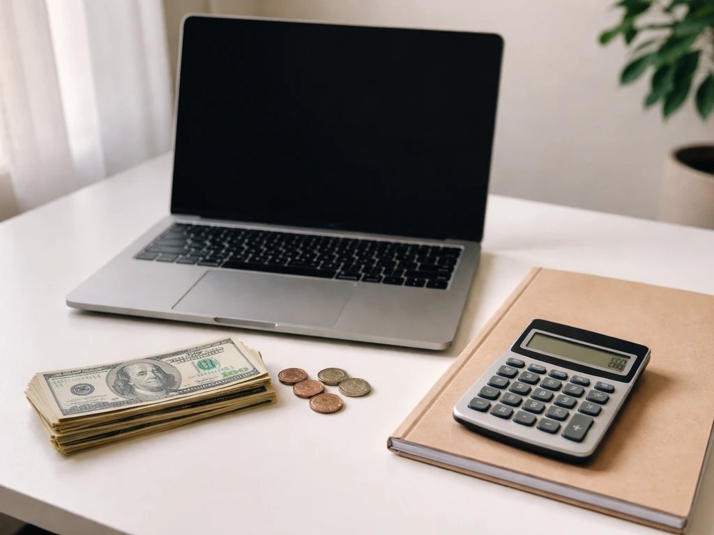Minimal scene showing financial concept: open laptop with money and calculator-like items on a desk