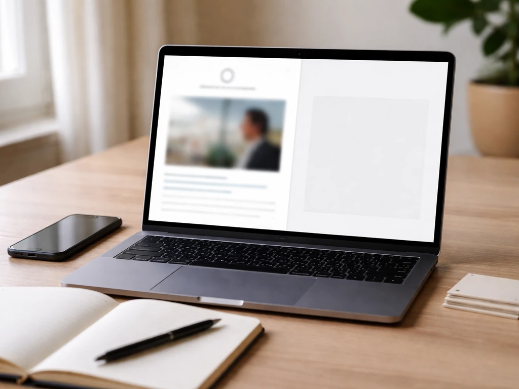 Minimal office desk with a blurred finance magazine-style screen suggesting no dedicated net-worth profile.