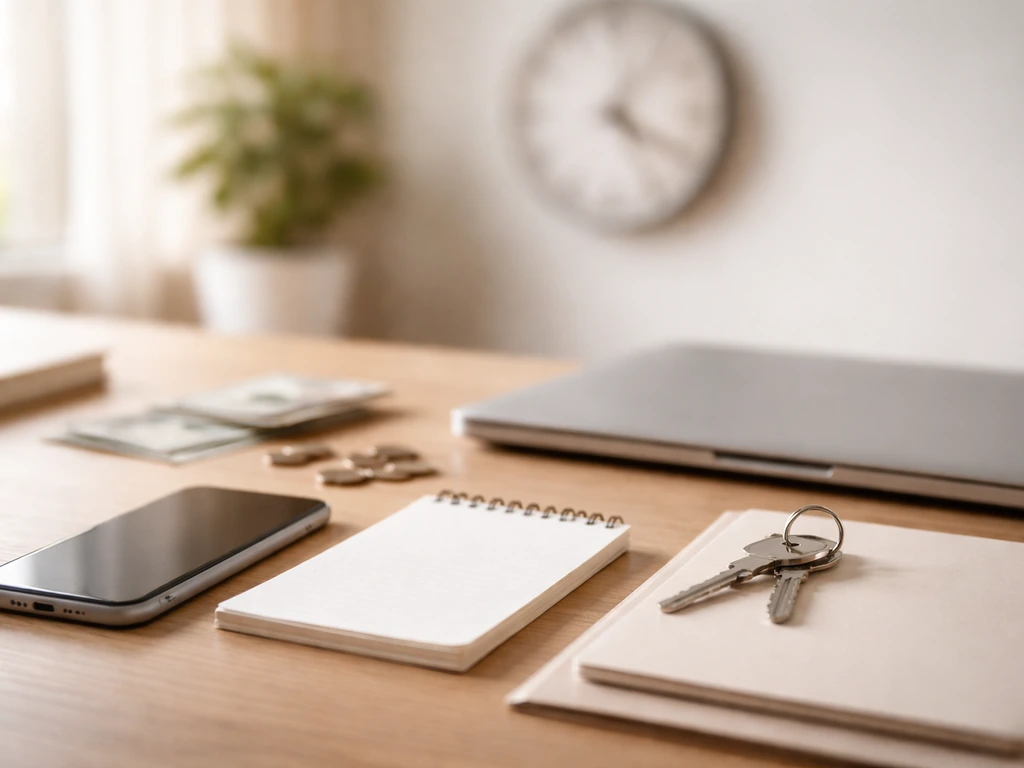 Minimal office scene with blurred money and a calendar-like wall clock symbolizing changing net worth over time.