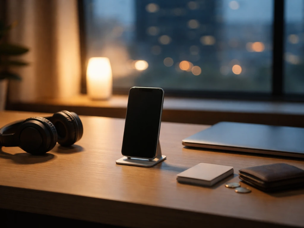 Minimal studio scene with a tech desk, smartphone on a stand, and blurred city lights suggesting creator earnings