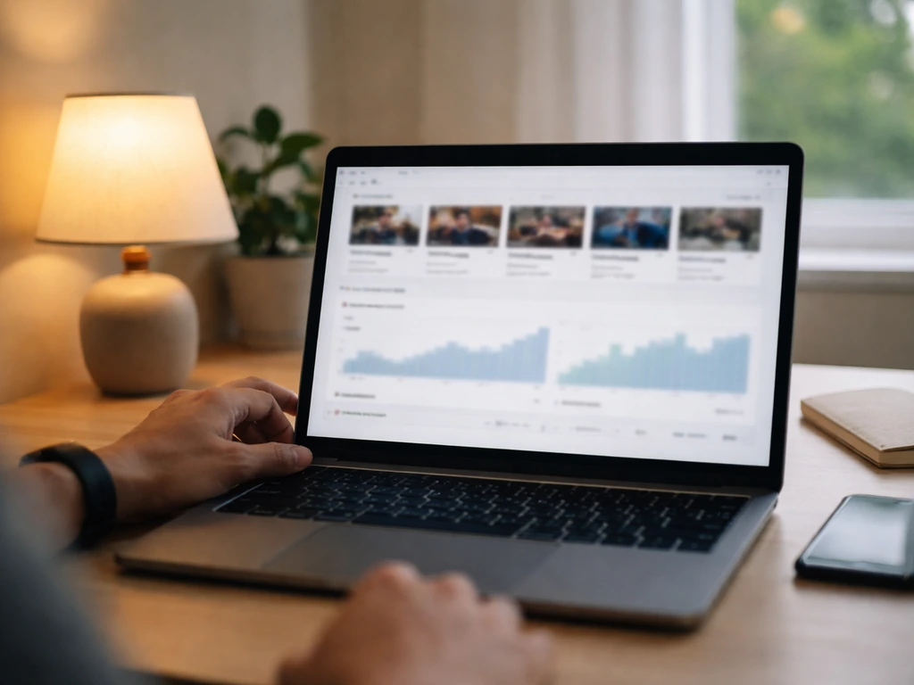 Hand adjusting a laptop showing blurred YouTube analytics charts for a tech channel, desk setup