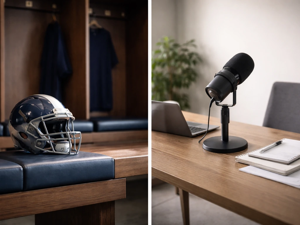 Split image: empty football locker left and finance/media desk right to differentiate public profiles.