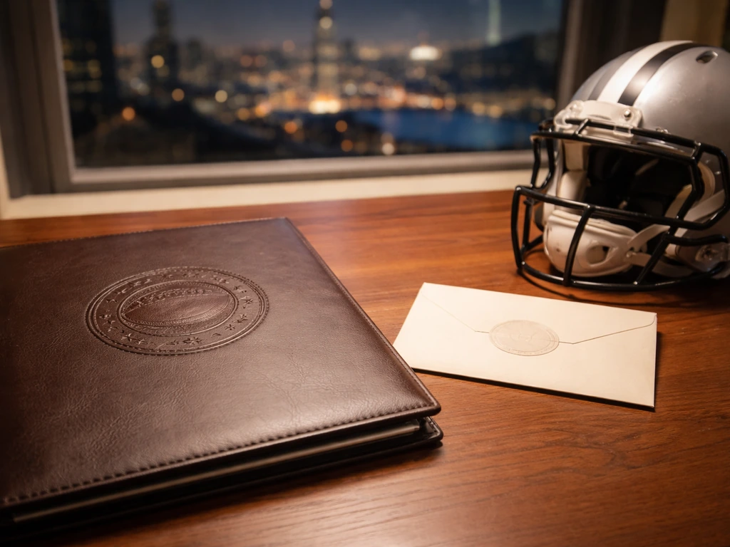 Close-up of an NFL contract folder and leather-bound notebook on a clean desk with a blurred city skyline.