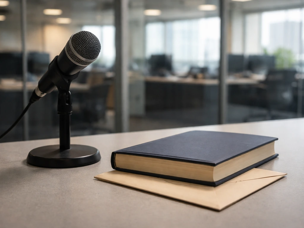 Newsroom desk with a microphone, finance book, and envelope symbolizing a reported multimillion-dollar insurance policy
