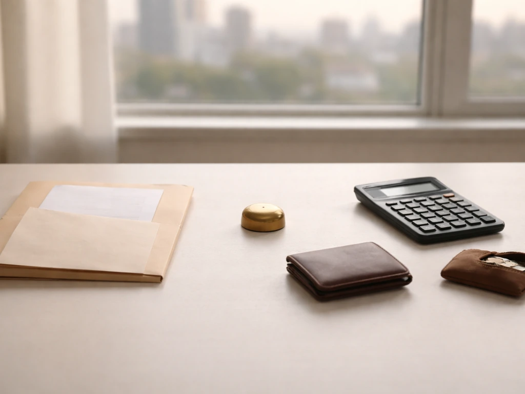 Minimal desk scene with envelope, calculator, and blurred city view suggesting assets and liabilities.
