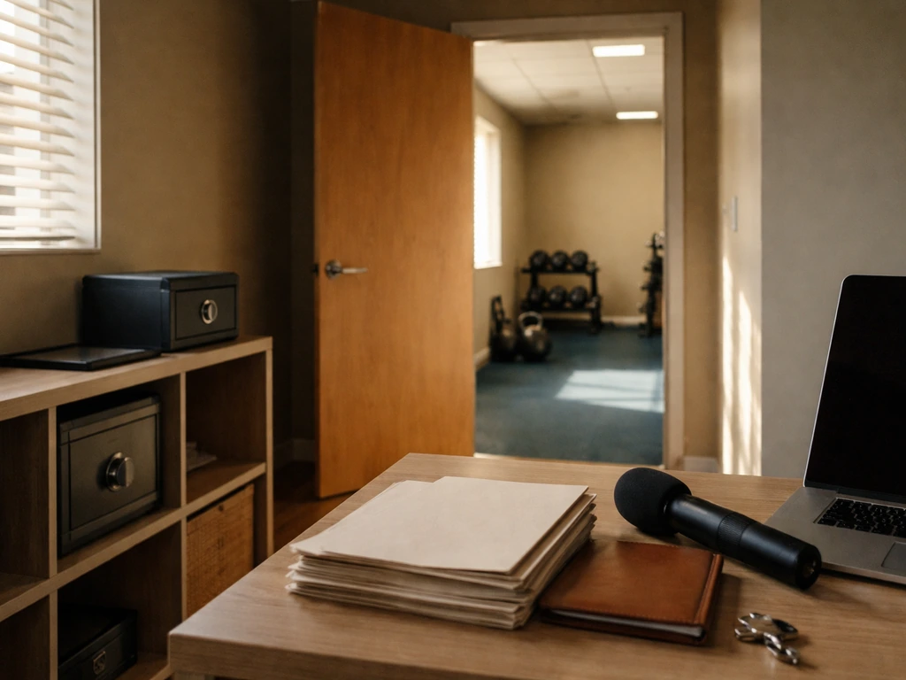 Minimal photo of a Florida gym training office with a cash-secured safe and business documents