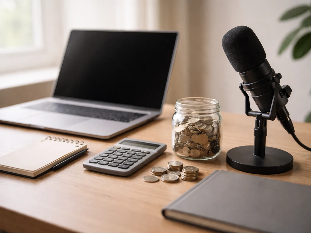 Minimal desk with laptop (screen off), calculator, coins, and microphone suggesting a financial estimate discussion