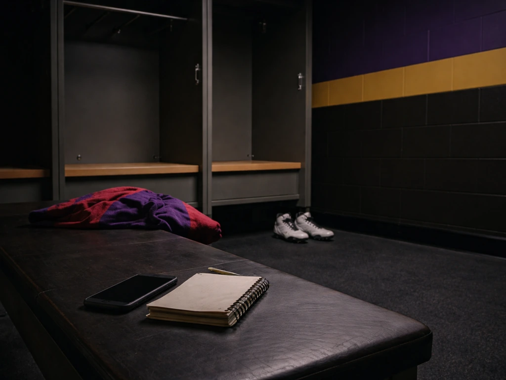 Empty locker room with Ravens-style colors, cleats and a phone on a bench, no person visible.