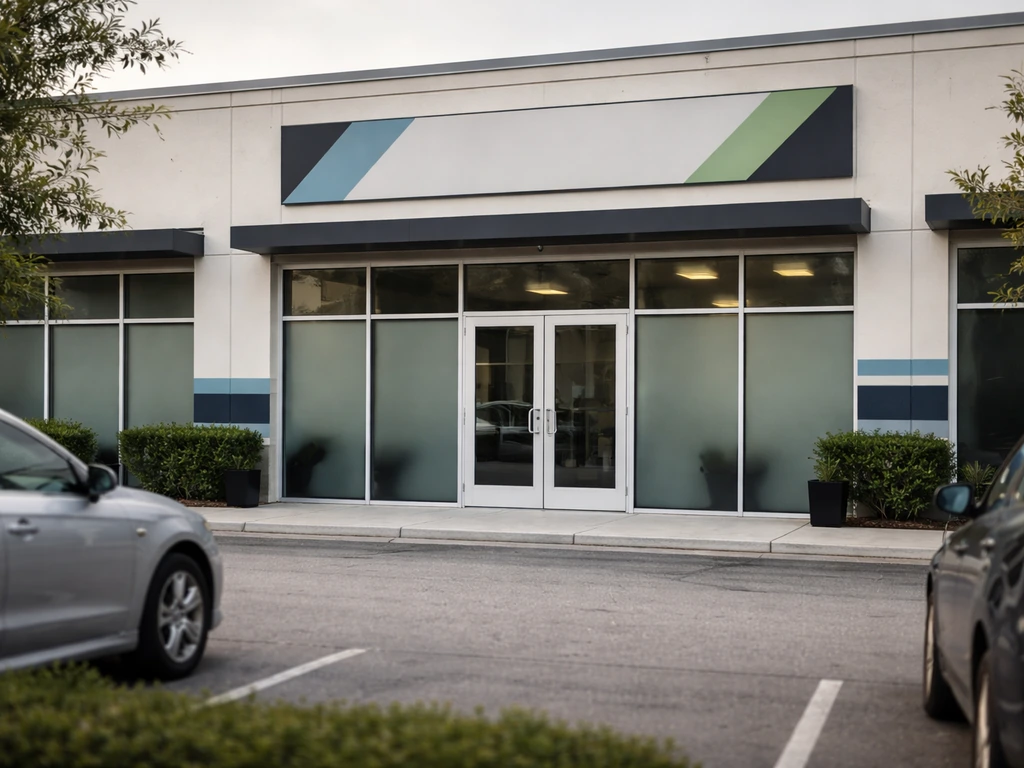 Exterior view of a professional training facility building with a quiet street and entrance.