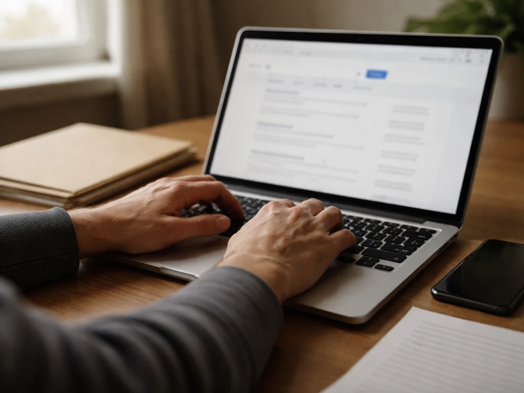 Hands typing on a laptop with a blurred web search results screen in a home office.