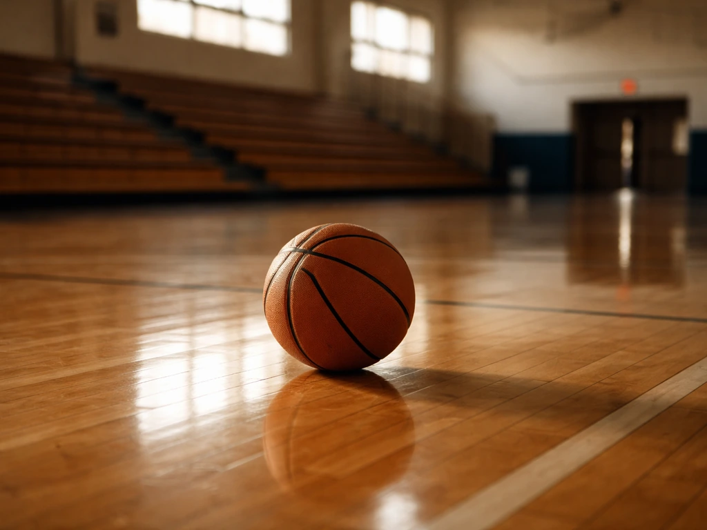 A basketball on a court near a gym entrance, evoking a pro point guard’s sports career.