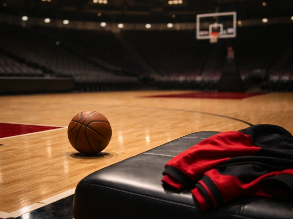 Basketball near the baseline in an indoor arena with Chicago Bulls–colored warm-up gear nearby.