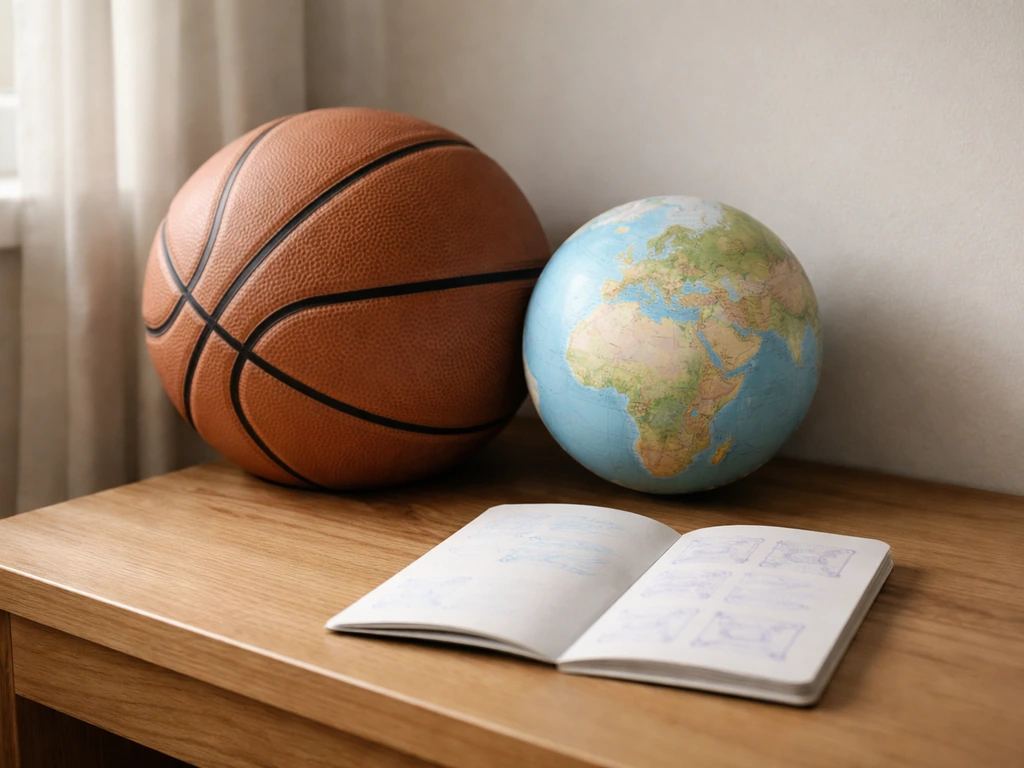 Natural-light photo of a basketball near a small globe and passport on a desk, suggesting overseas play.