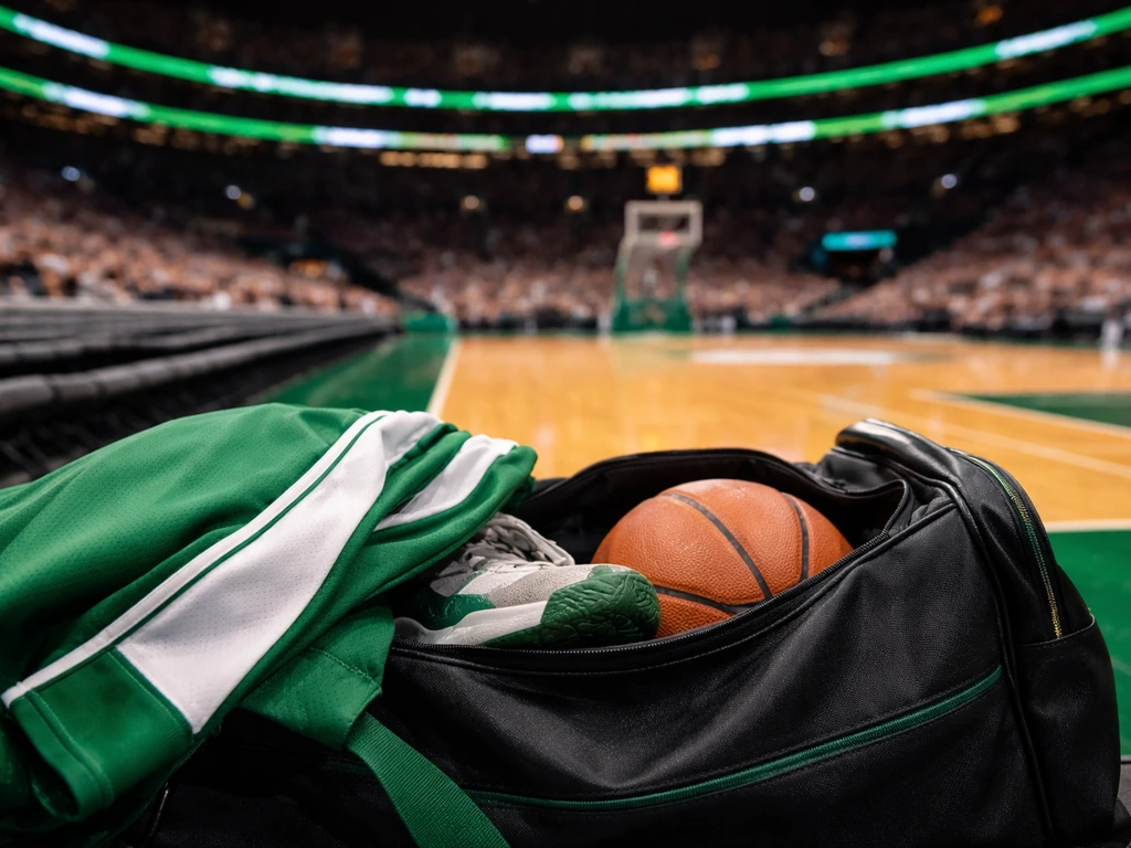 NBA arena scene with Celtics colors and a basketball gear bag, no identifiable person shown.