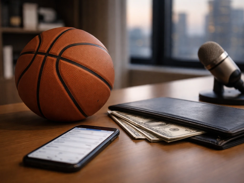 Basketball on a desk with blurred phone, dollar bills, microphone—symbolic sports contract money analysis