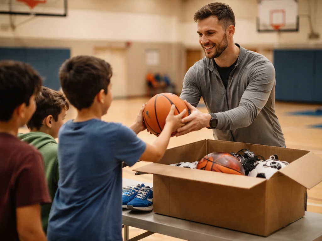 Volunteer athlete hands out youth sports gear in a school gym during a community service event.