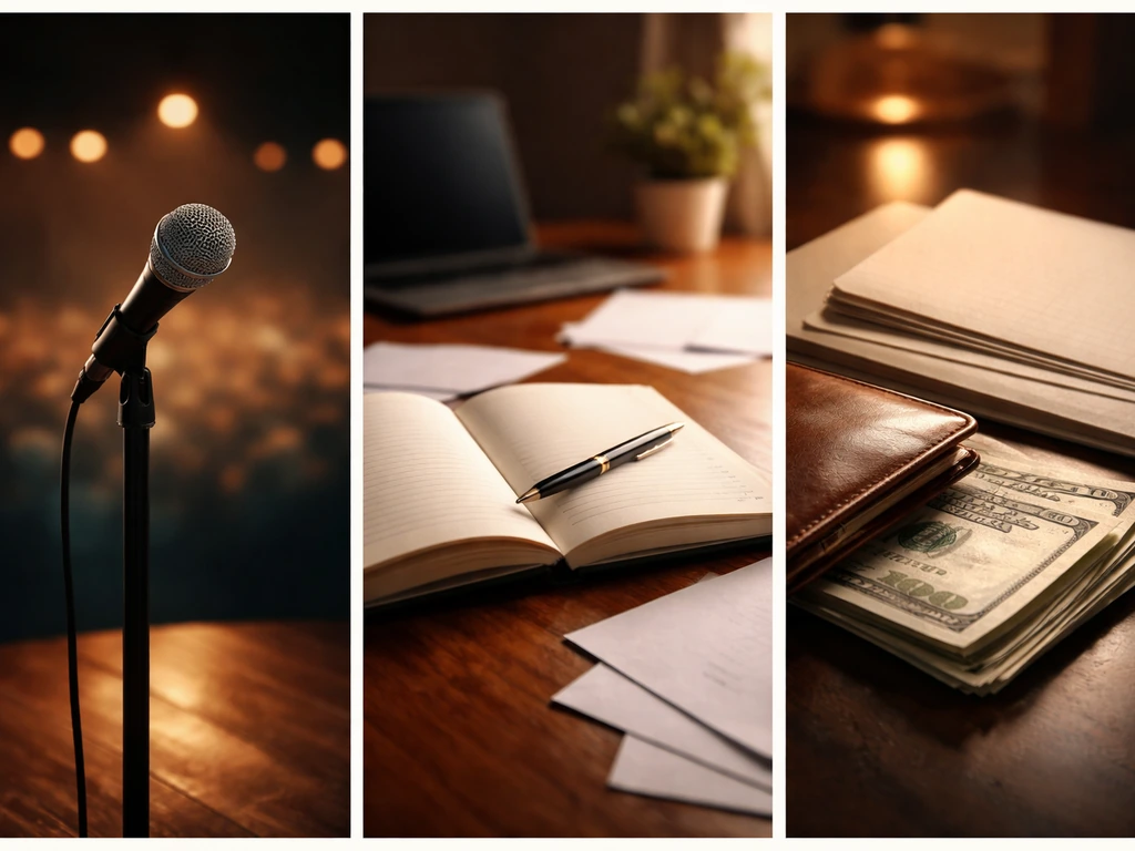 Collage of a stage microphone, open book on a desk, and wallet with cash—symbolic net-worth theme.