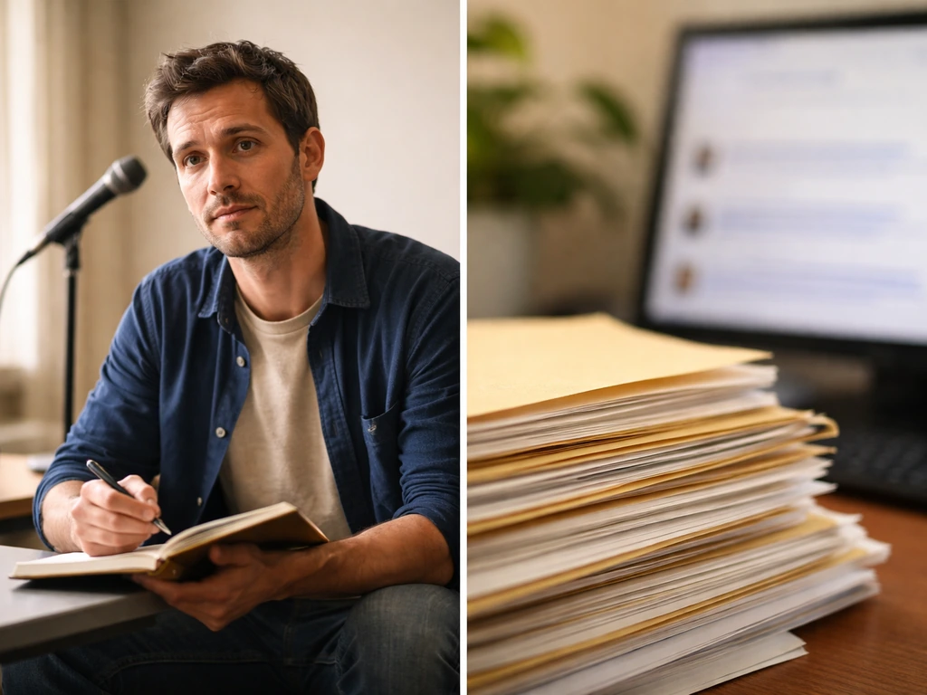 Split scene showing an anonymous man at a comedy desk beside a blurred alternate “name match” clue