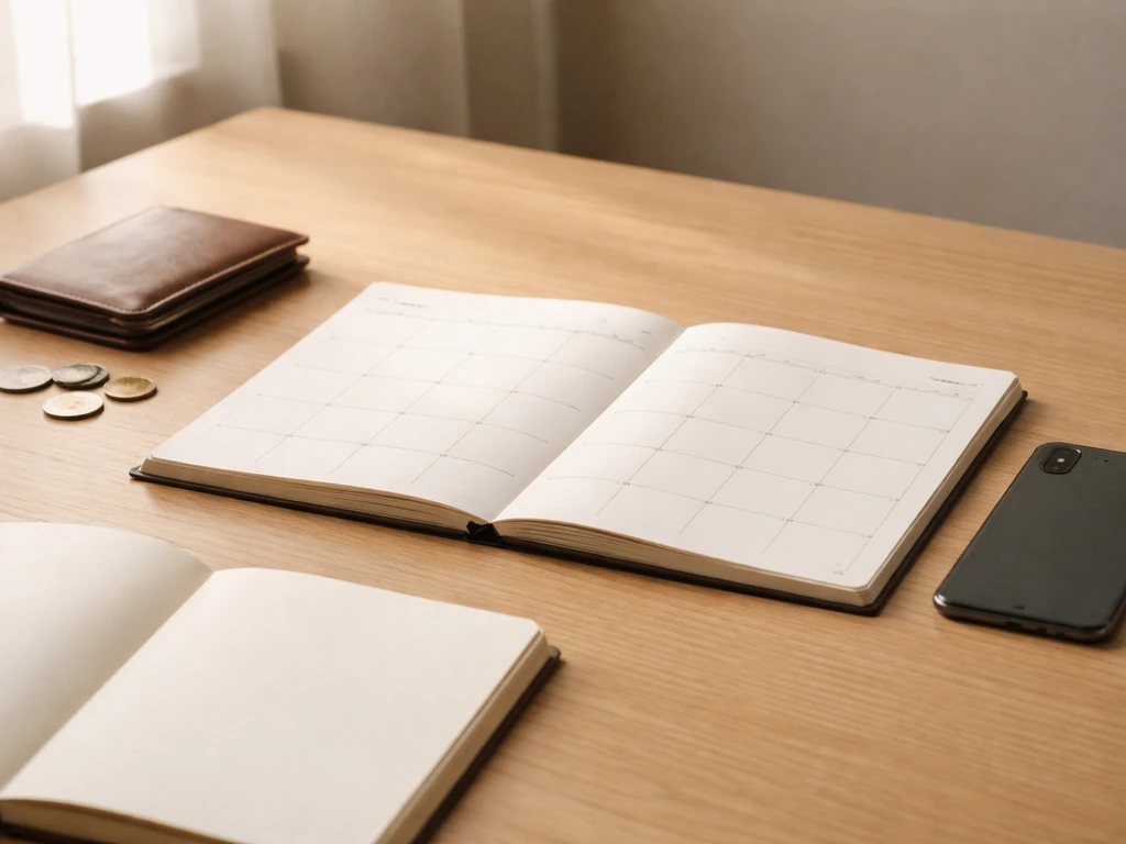 Minimal office desk with a single smartphone showing a calendar page, symbolizing a May 2026 update and money estimate.