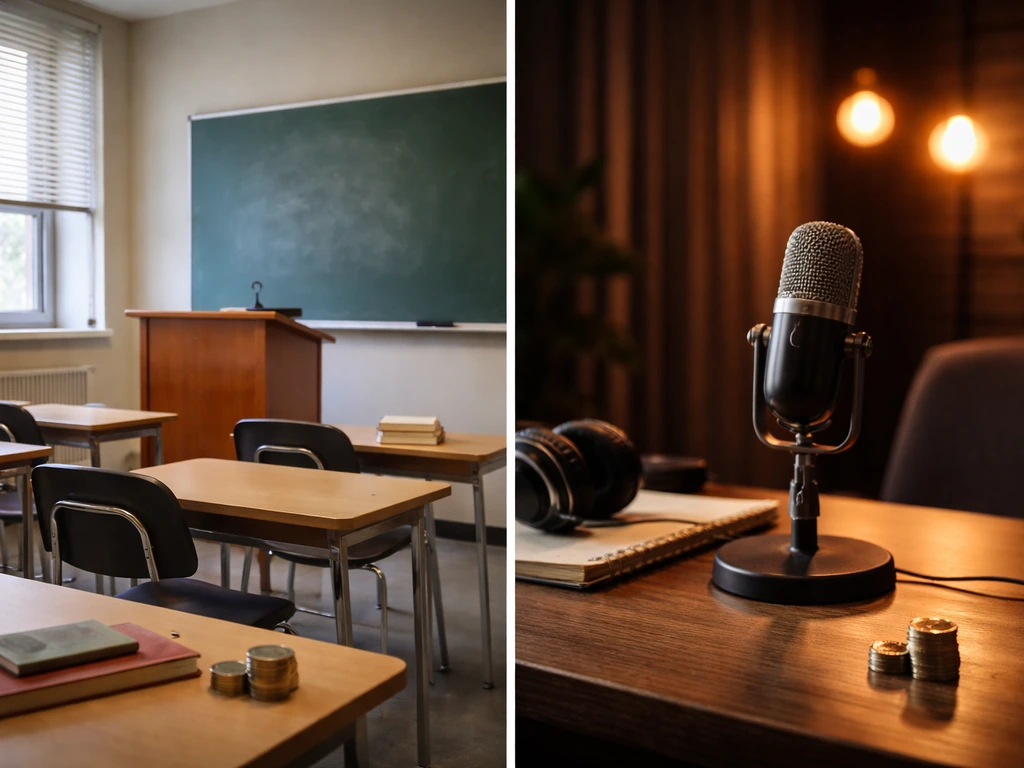 Split scene: quiet classroom with books on left, radio studio with microphone and warm lights on right.