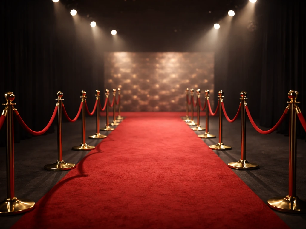 A luxury awards venue with a red carpet rope and moody spotlight, suggesting celebrity profile and media industry
