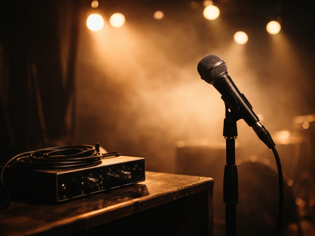 Backstage studio scene with a microphone and gold-toned lighting symbolizing an R&B music career