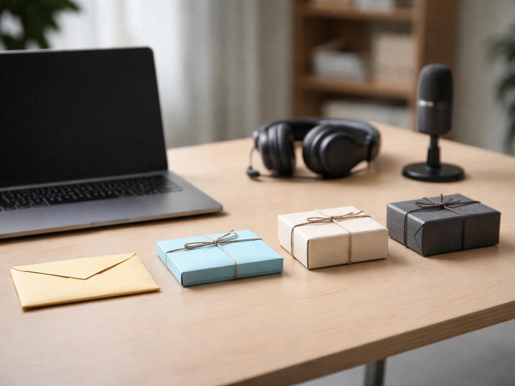 Minimal desk scene with three wrapped boxes and envelopes suggesting career and wealth phases over time.