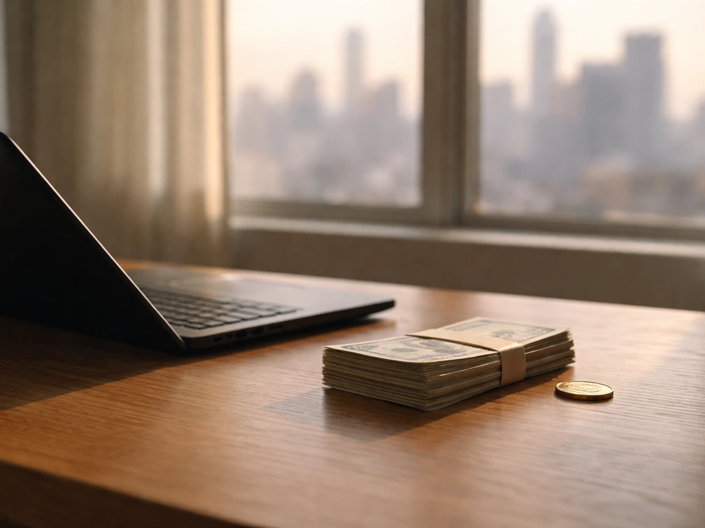 Minimal photo of a wealth-themed desk scene with cash-like textures and a laptop, symbolizing a net worth range.