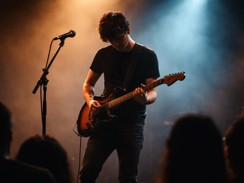 An electric guitarist performing under stage lights with a touring crowd in soft focus behind