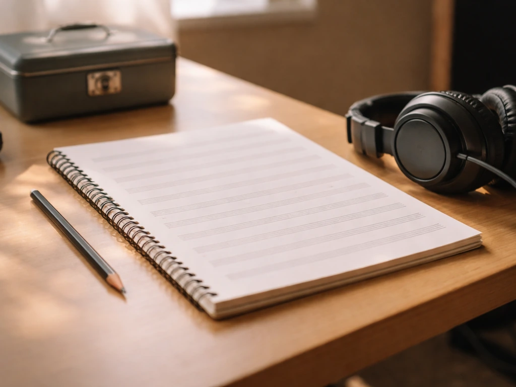 Minimal studio desk scene with blank music notebook, pencil, and headphones suggesting songwriting income.
