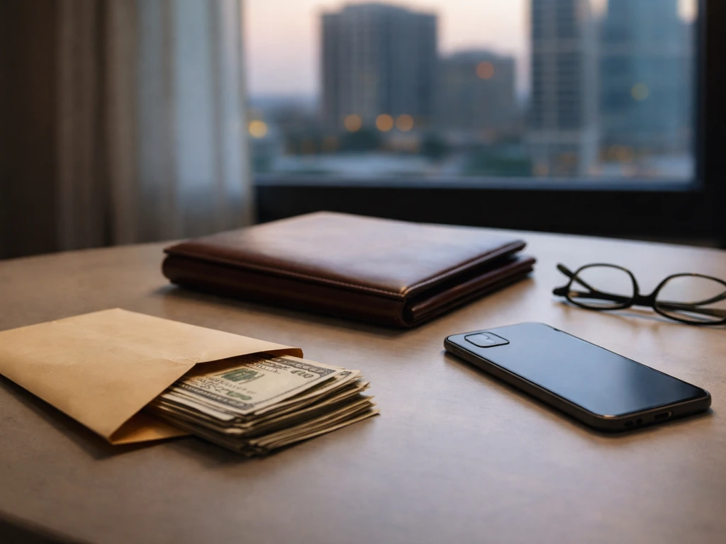 Money-themed photo with blurred finance documents and a city backdrop suggesting a net-worth estimate timeline.