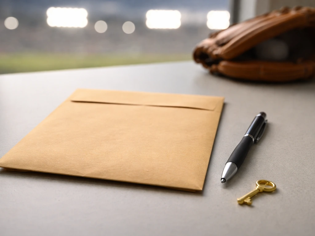 Minimal photo of an anonymous baseball contract envelope and pen with a bonus-themed key icon on paper.